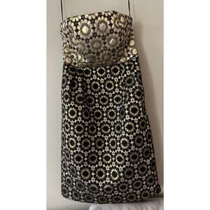 Lace & Mesh Medium Glam Strapless Dress Brocade Gold Black Floral Regal